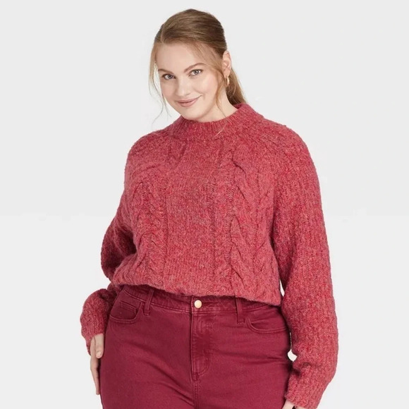 Universal Thread Women’s Chunky Knit Red Crew Neck Sweater - Picture 2 of 9